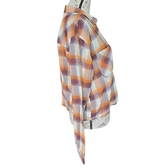 Thread & Supply Women's Sz Large Orange Burgundy Plaid Raw Hem Button Dn Flannel - Picture 3 of 6